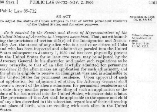 Copia de un folio de la Ley de Ajuste Cuba (1966)